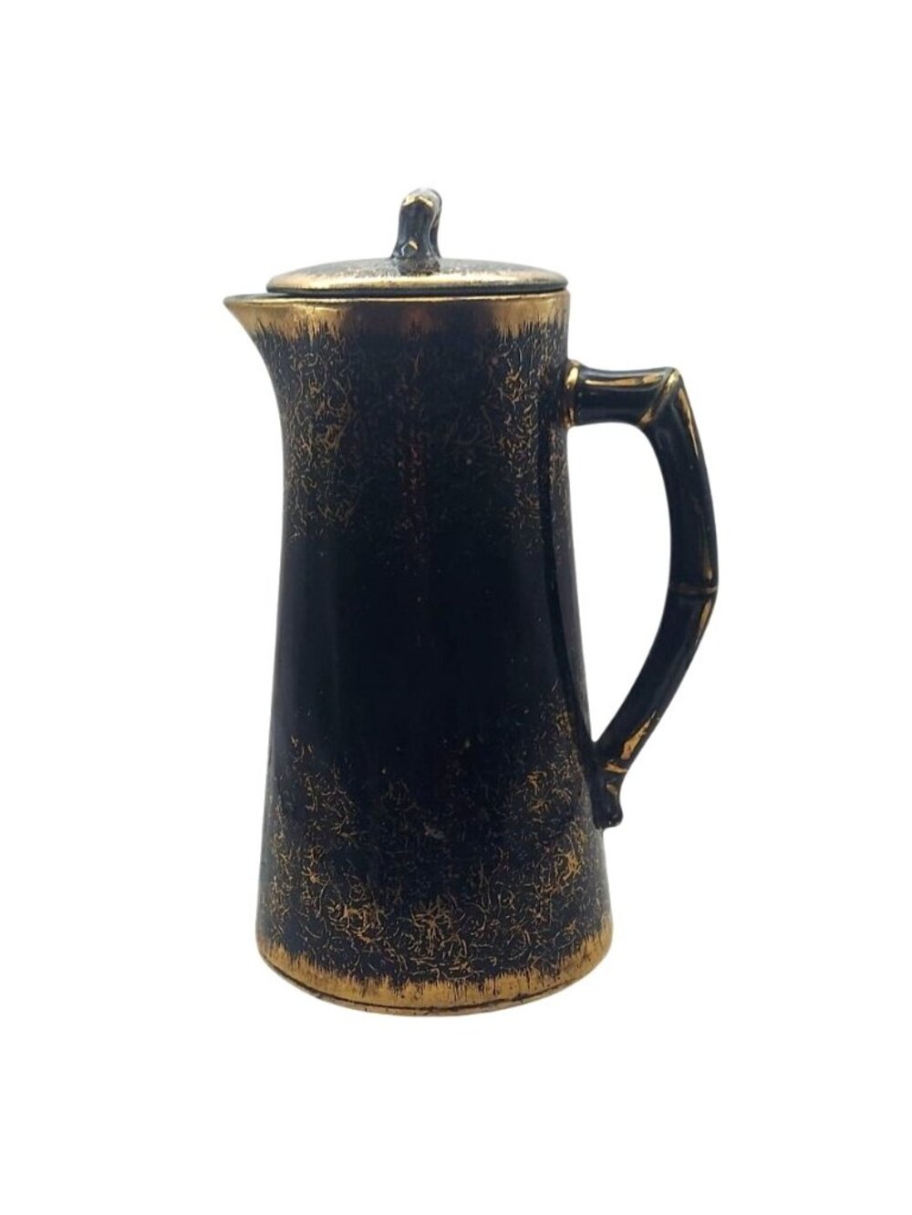 Vintage Ceramic Stoneware Black Gold Hot Chocolate Coffee Pot Carafe w/ Lid MCM